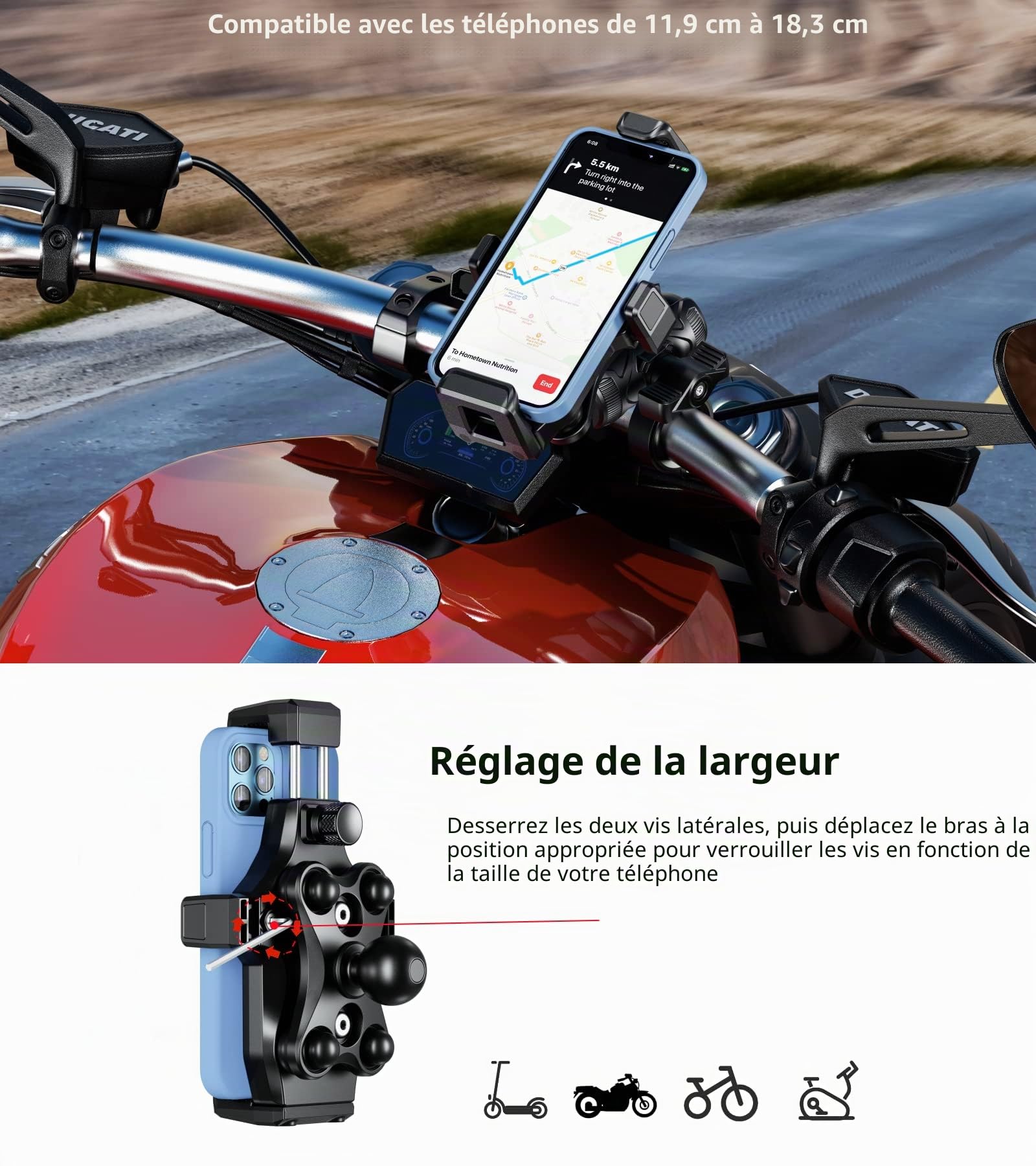 Kewig Support de téléphone pour moto avec amortisseur de vibrations et verrouillage sécurisé à haute vitesse, support antivol pour guidon de moto, vélo, VTT, UTV, scooter pour téléphone de 4.7-7.2"
