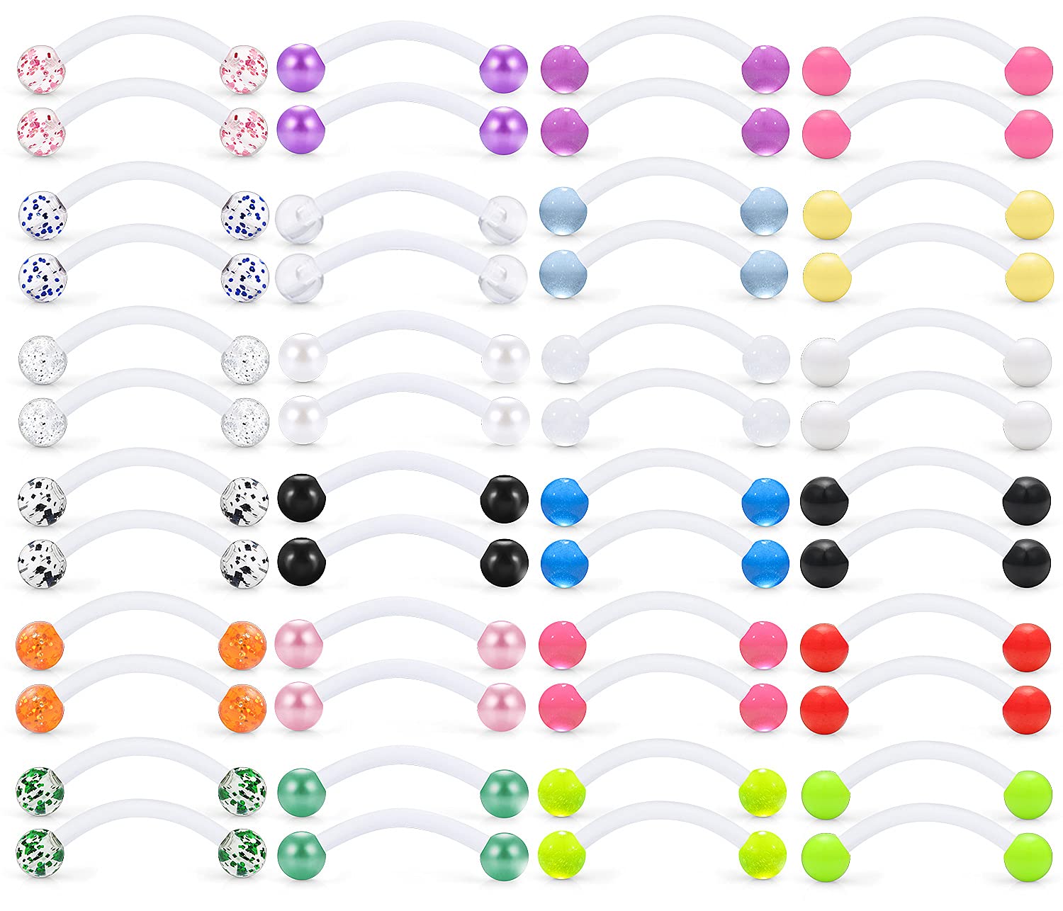 Hoeudjo 48PCS 14G Glow in The Dark Snake Eyes Tongue Rings Big Plastic Curved Barbell Nipplerings Nipple Rings Body Piercing Jewelry for Women Men