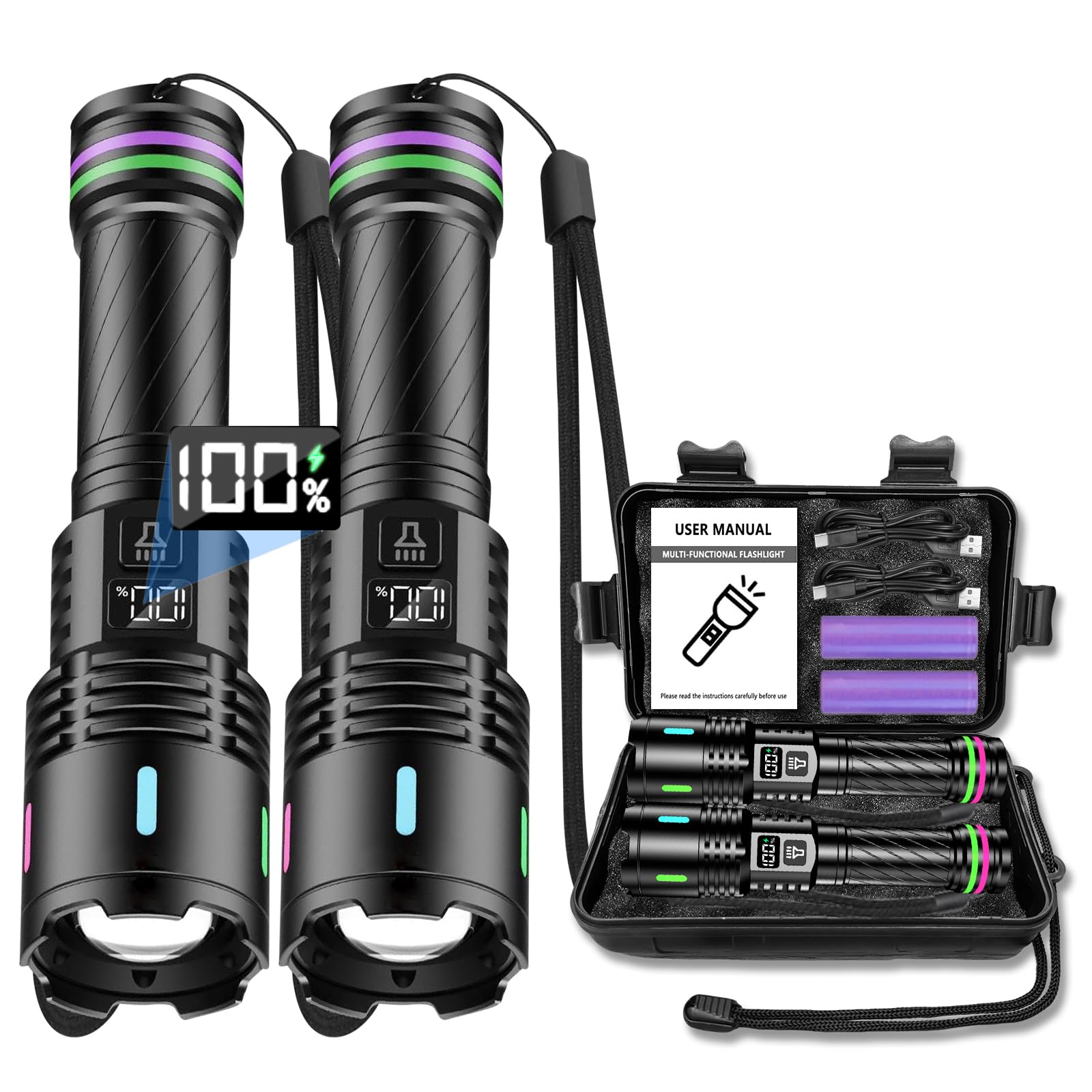 Leerweii 2 Pack Torches LED Super Bright 1000000 Lumens with LCD Power Display, Powerful Torch Rechargeable, 3 Lighting Modes, Zoomable, Small Torch for Dog Walking Camping Emergency