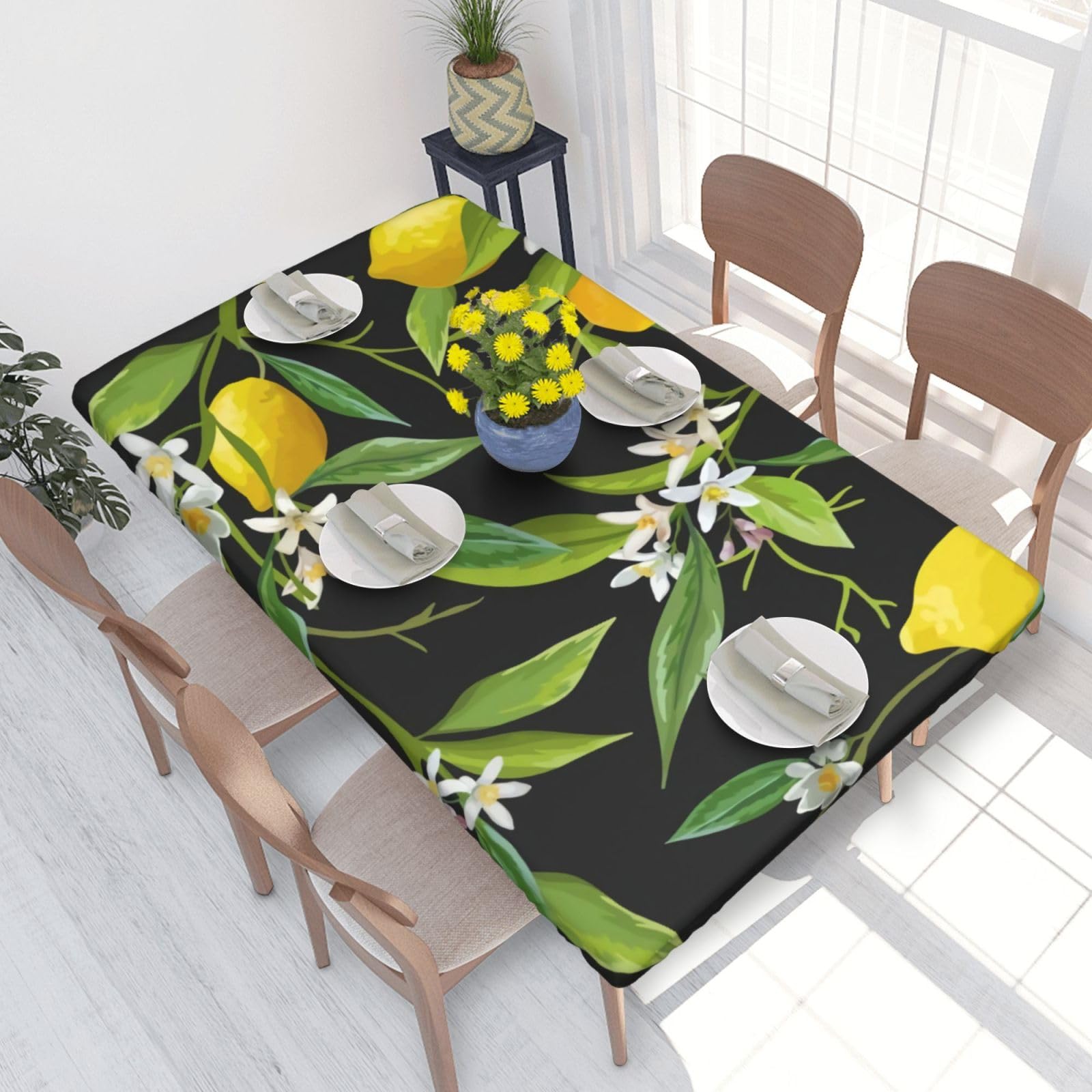 BNVSADC Lemon and Flower Printed 4FT Tablecloth 122x76 CM Polyester Kitchen Water Resistant Table Cloth Dining Table Decoration Table Covers