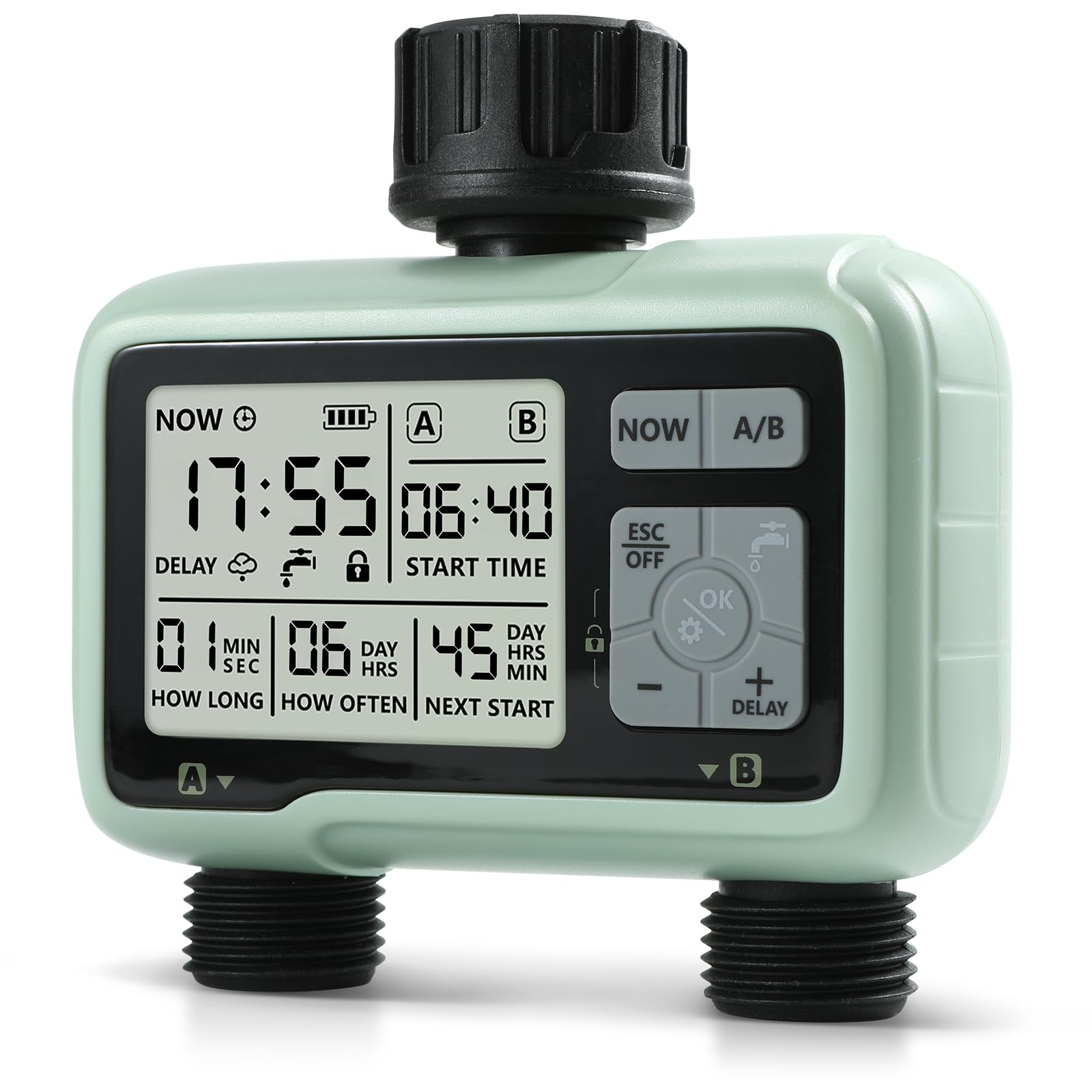 Kazeila Green 2 Outlets Water Timer Irrigation System, Water Sprinkler Timer Lawn & Garden Watering Equipment/Automatic Watering System/Ipx5 Waterproof/Child Lock Mode/Sprinklers For Lawns, Black+