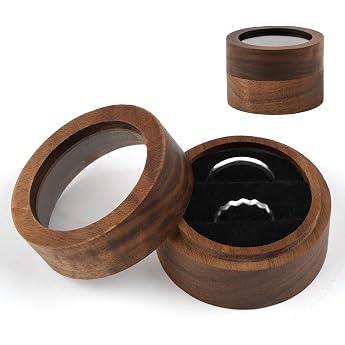 Wooden Ring Box 5 x 5 x 3.3 cm Solid Walnut Wedding Ring Box with 2 Slots