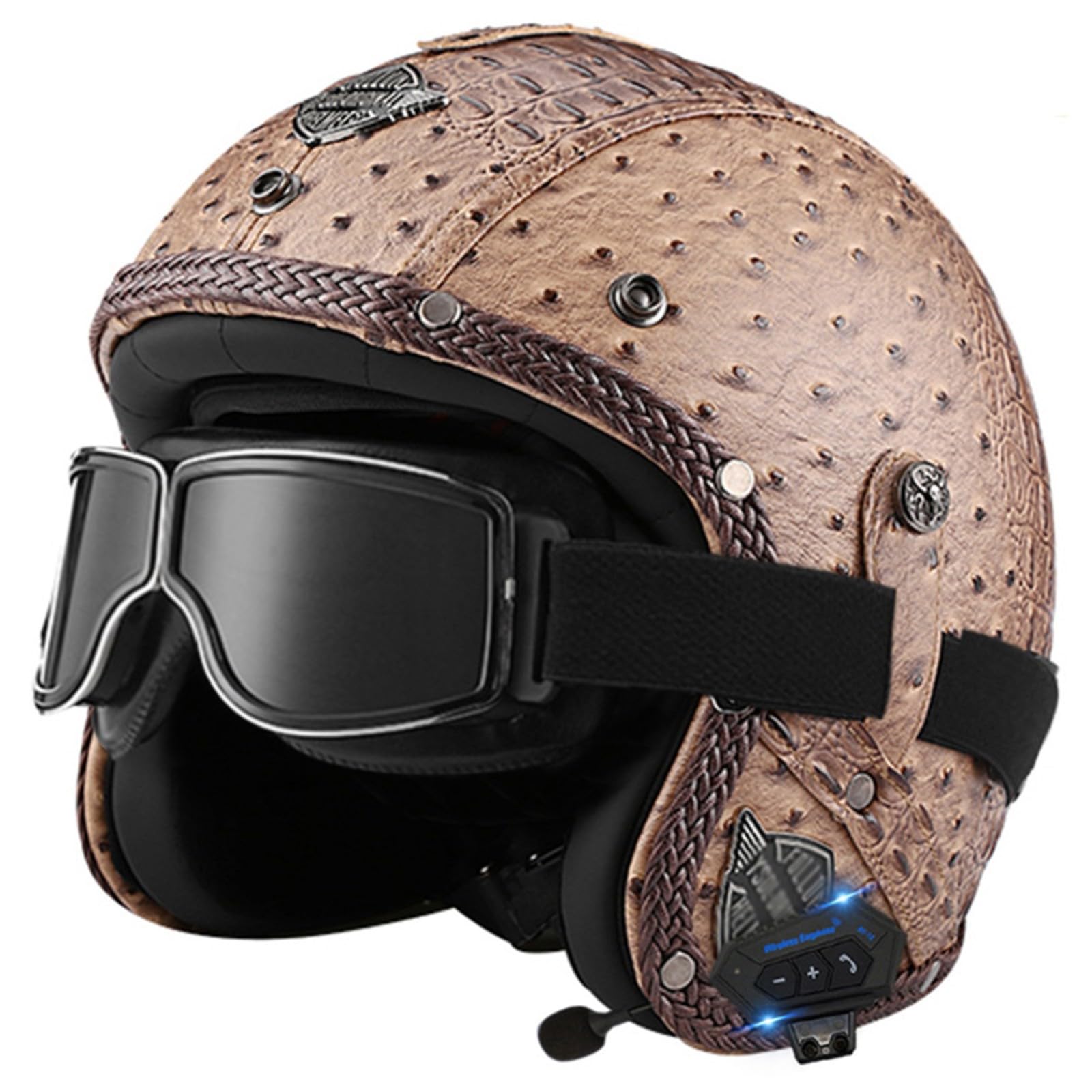 Motorbike Open Face Bluetooth Helmet Retro Jet Motorcycle Leather Helmet Adult Half Helmet with Fashion Goggles ECE Approved Men's and women's 3/4 helmets Moped Scooter