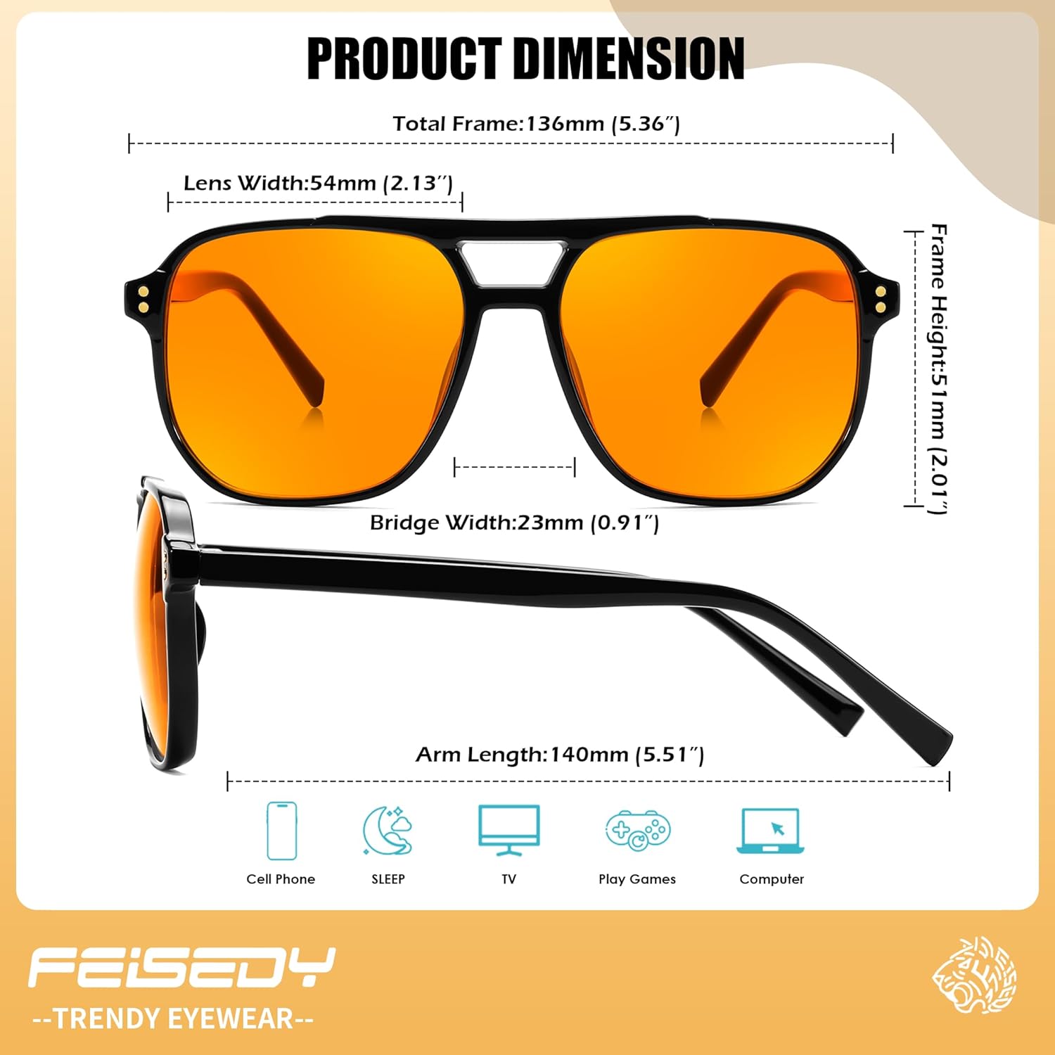 FEISEDY Amber Blue Light Glasses for Computer Gaming Orange/Yellow lens Anti Eyestrain Sleep Glasses G2835 - Image 6