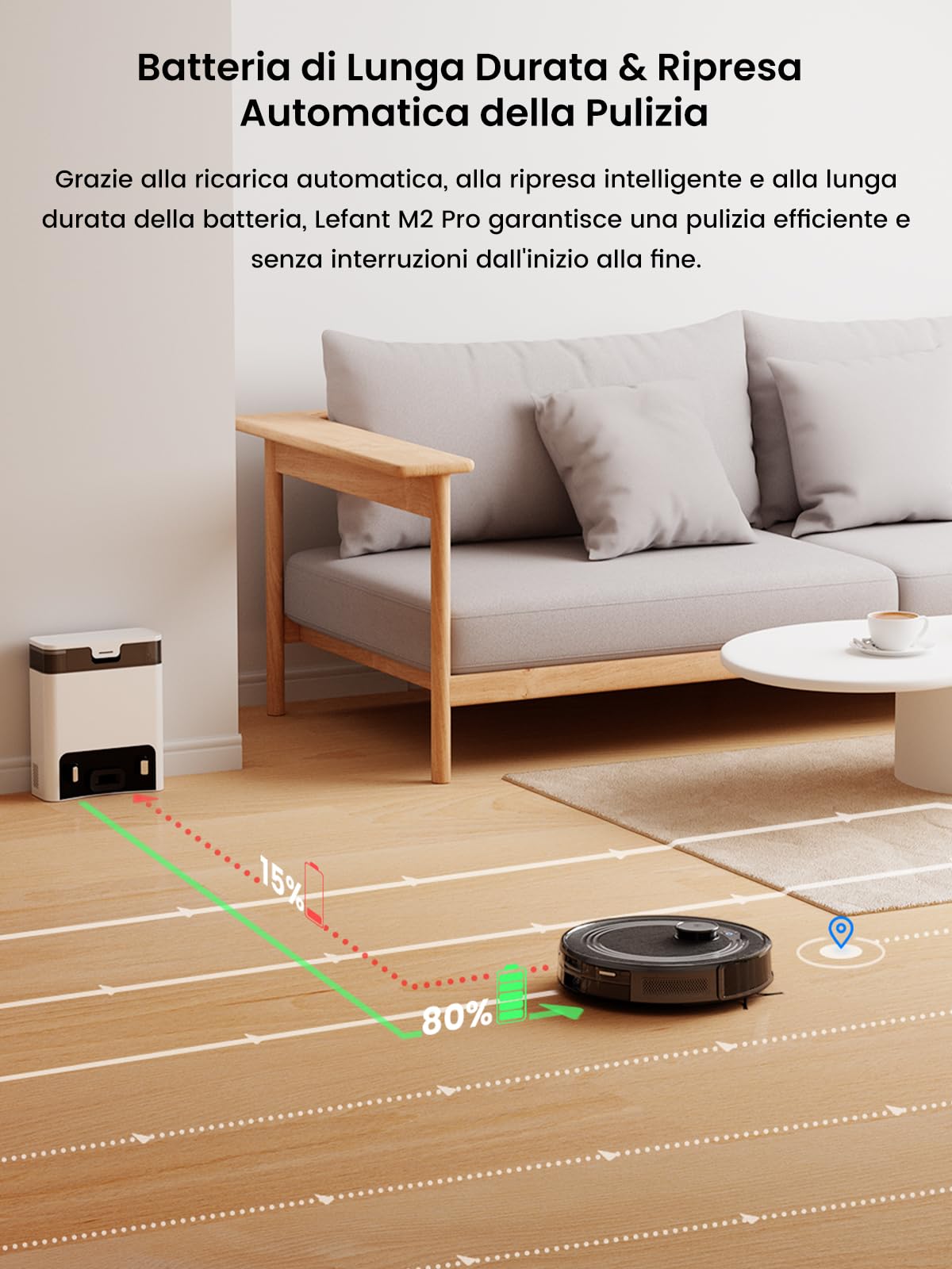 Lefant M2Pro Robot Aspirapolvere Lavapavimenti con Mappatura Laser dToF, 6000Pa, Stazione di Raccolta Polvere Automatica 2.7L, Navigazione PSD, Pulizia Personalizzata, App/Alexa/Google, Nero