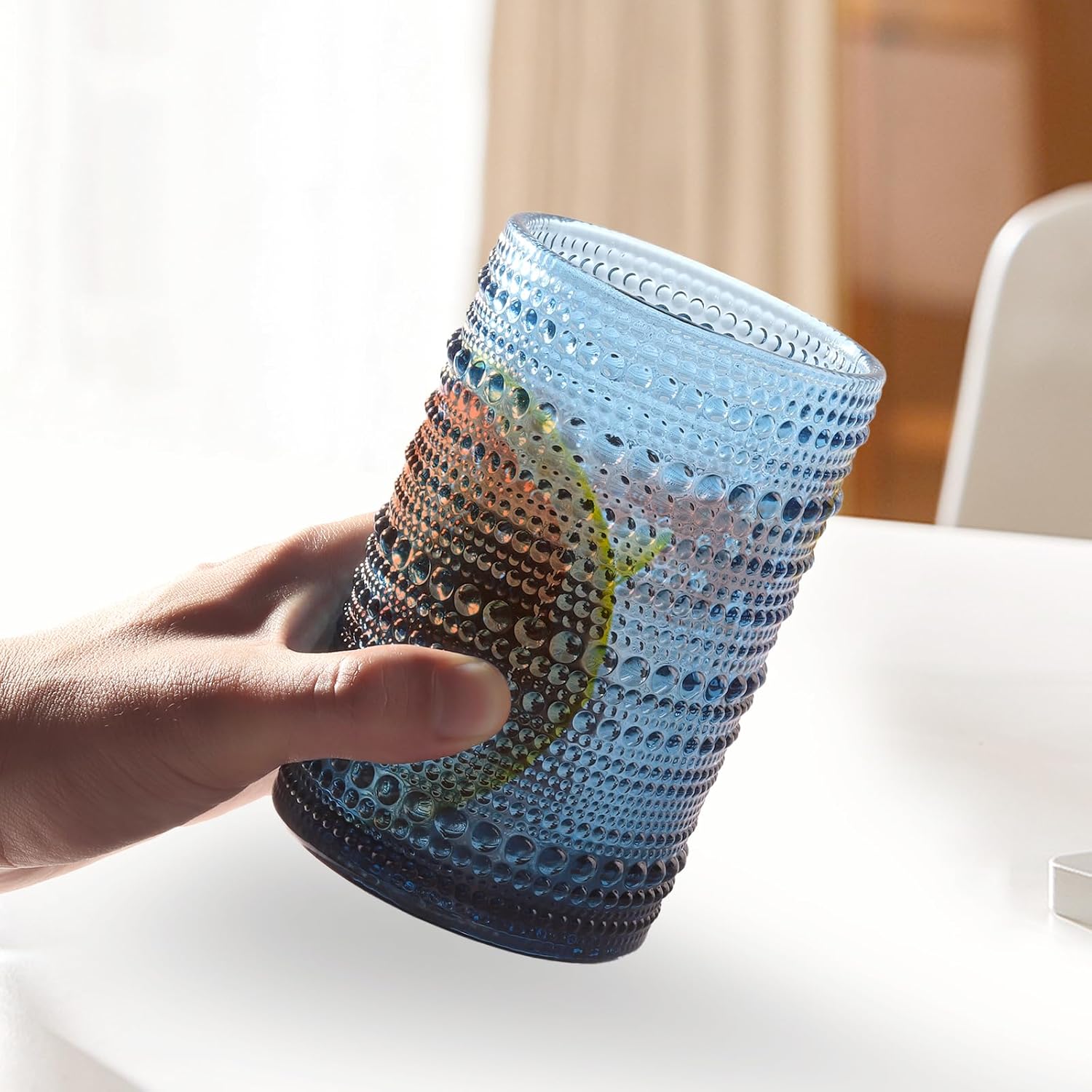 Set of 6 Hobnail Drinking Glasses,15 oz Colored, Vintage Jupiter Glass Cups, Embossed Old Fsahioned Cute Glassware for Beer,Water,Juice,Cocktail,Iced Coffee,Gift - Image 5