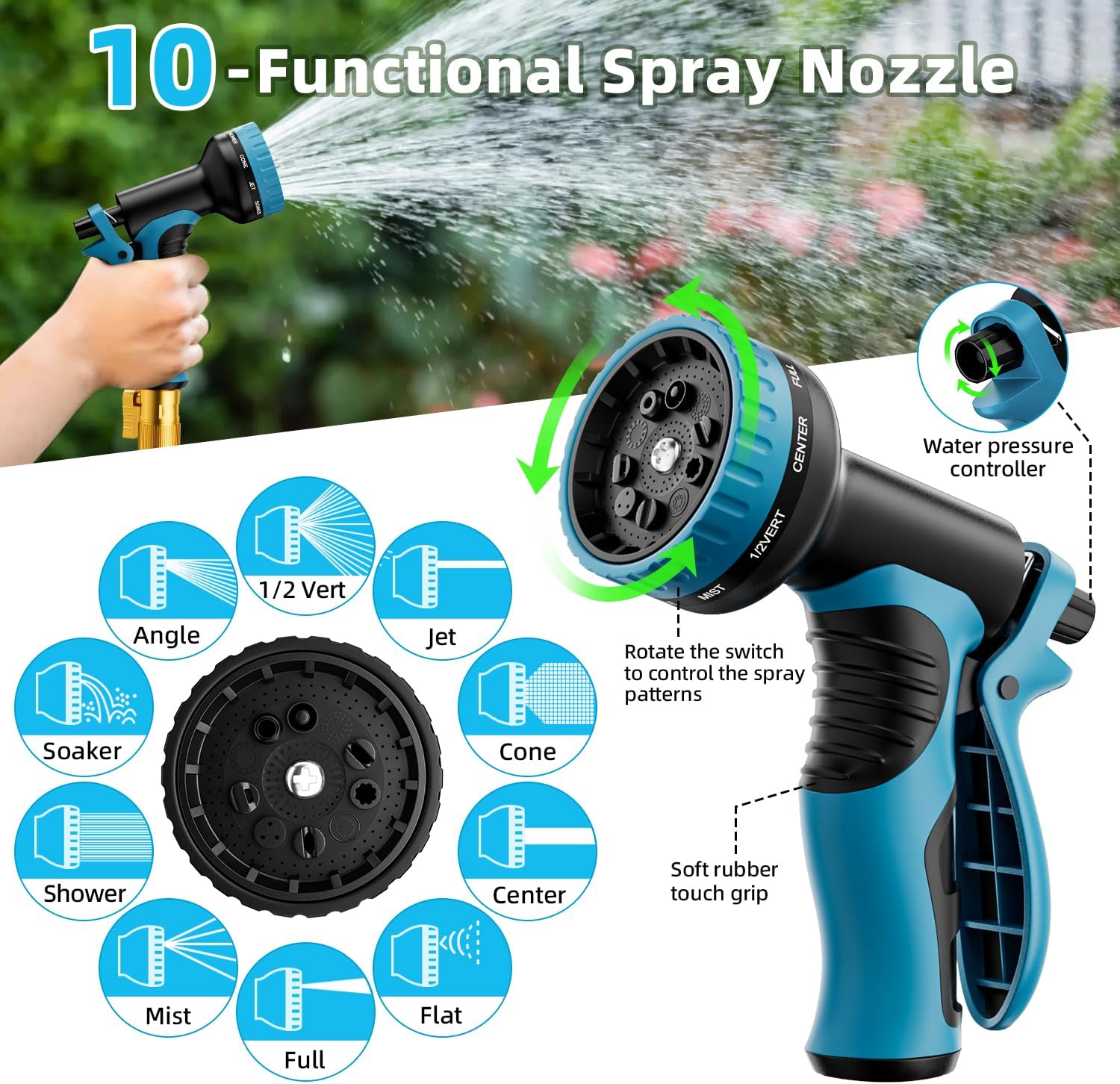Garden Hose, Non-Expandable Water Hose 50 ft, Flexible, Kink & Leak Proof Water Pipe with 10-Function Spray Nozzle, Lightweight Outdoor Hose for Yard, Lawn, Car Wash, RV and Home Use