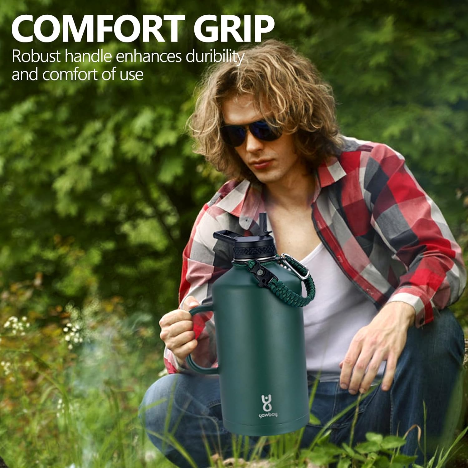 Insulated Water Bottle 128 oz with 2-in-1 Straw Lids & Handle,1 Gallon Water Bottle Flask Jug with Paracord Handle Leak Proof Large Big Water Bottle for Hiking,Sports,Camping,Long Drive,Fishing