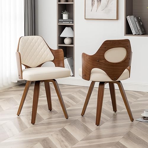 Juego de 2 sillas de comedor giratorias modernas de mediados de siglo, sillas de cocina tapizadas de piel sintética con brazos y patas de madera,