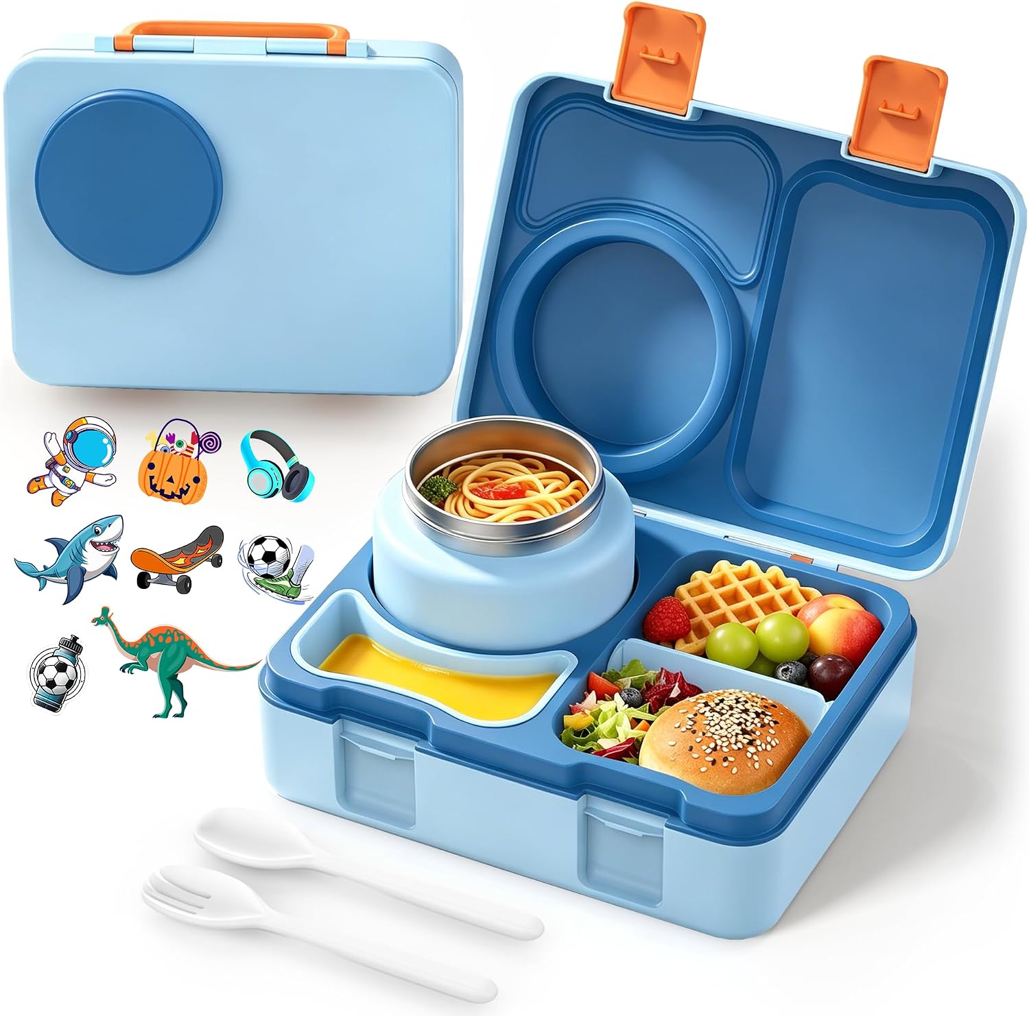 Bento Box for Kids, Leakproof Kids Bento Lunch Box Container with 8oz Insulated Thermo Food Jar, Sauce Jar, Utensil, DIY Stickers for School Boys Girls, 3-4 Compartments, BPA-Free