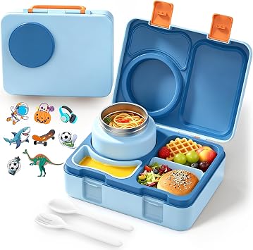 Bento Box for Kids, Leakproof Kids Bento Lunch Box Container with 8oz Insulated Thermo Food Jar, Sauce Jar, Utensil, DIY Stickers for School Boys Girls, 3-4 Compartments, BPA-Free