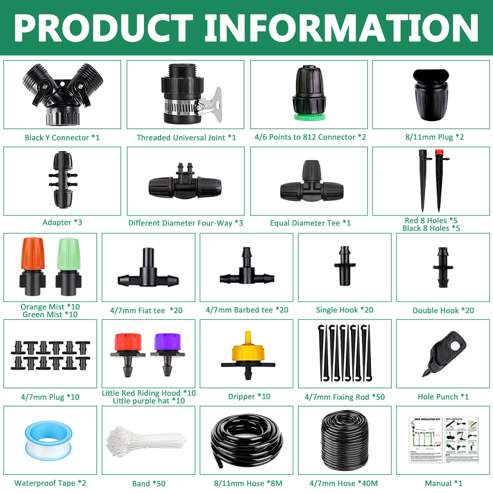 40M + 8M Kit di irrigazione a goccia,269 Pezzi DIY Micro Serra Automatica Sprinkler Gocce,Sistema di irrigazione da giardino,per piante da giardino,Giardino Irrigazione Kit.