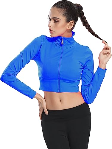 J-pinno Chaqueta corta sexy para mujer, para deportes, gimnasio, entrenamiento, correr, con cremallera, manga larga, atlética, para yoga
