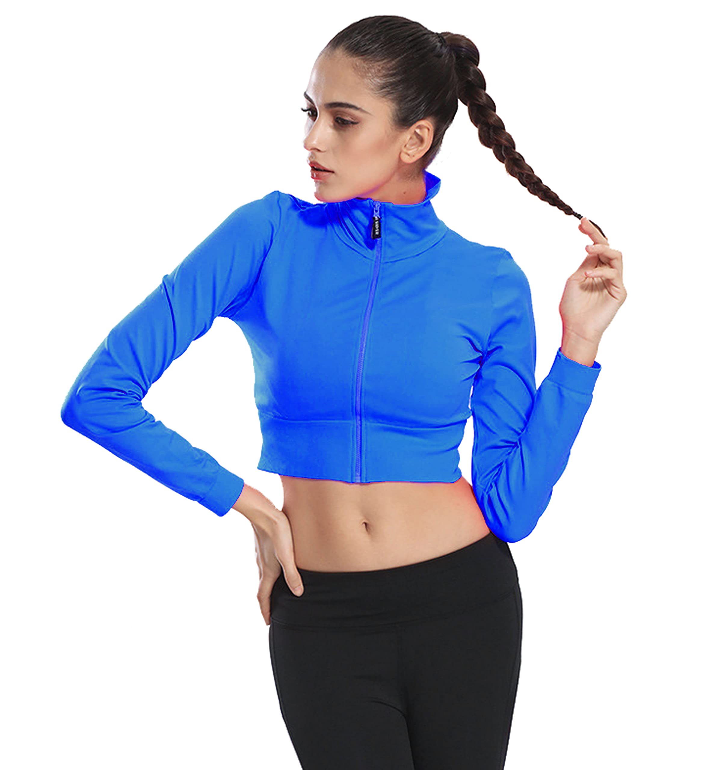 J-pinno Women's Sexy Fitness Crop Top Jacket Sports Gym Workout Running Jacket Zip Up Long Sleeve Athletic Yoga Shirt