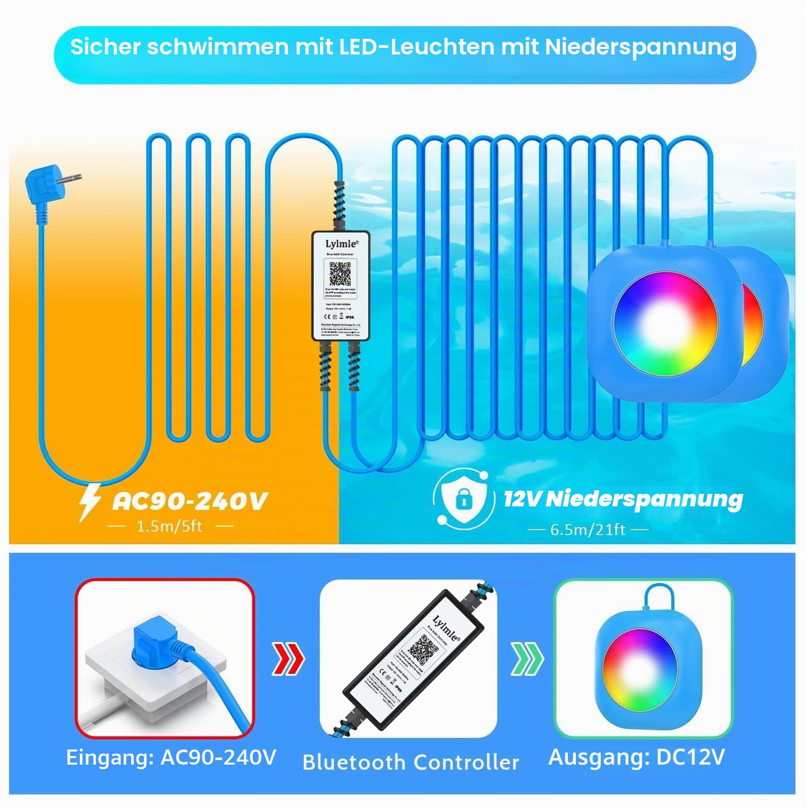 LyLmLe Poolbeleuchtung LED 40W Doppel-Licht mit 6,5m Kabel für Jedes Licht, APP-Steuerung 12V Unterwasserscheinwerfer mit Timer, DIY mehrere Farben, IP68 wasserdicht für Aufstellpool Einbaupool, Boote