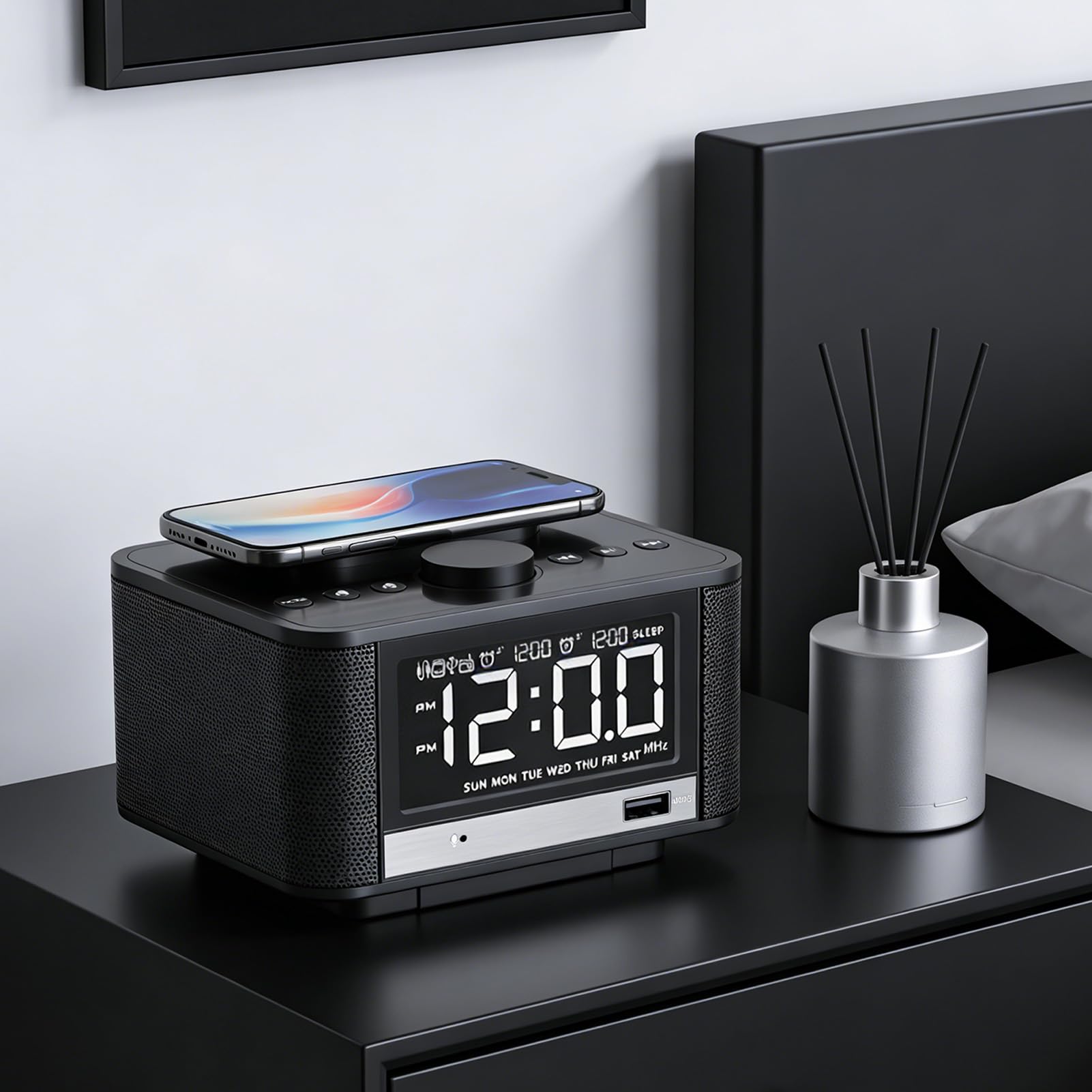 Goshyda Altavoz Bluetooth con Carga Inalámbrica, Radio Despertador para Dormitorios, Reloj Digital Regulable con Estación de Carga de Radio FM, Tarjeta de Memoria y Reproducción (Enchufe de la UE)