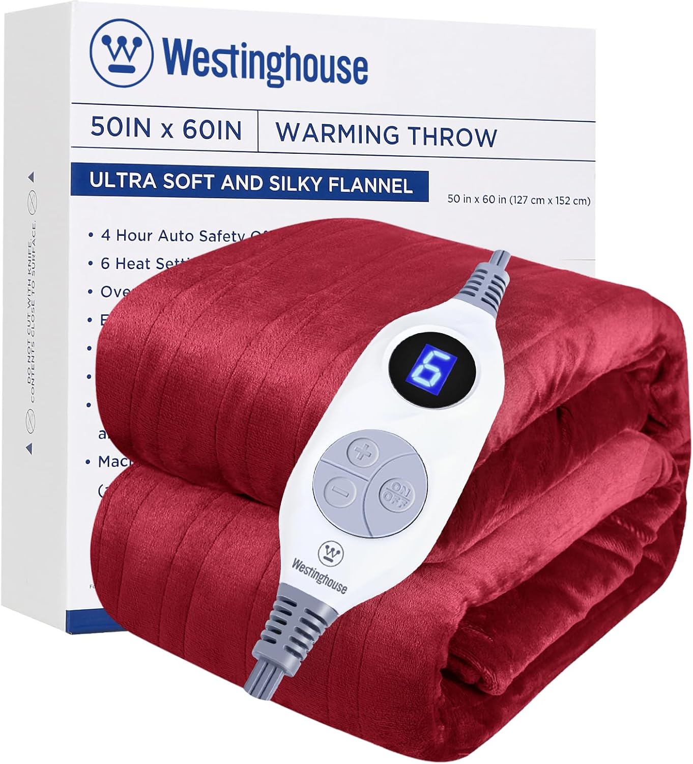 Westinghouse Heated Blanket Throw, Electric Throw with 6 Heating Levels, 2-10 Hours Time Settings, Overheat Protection, Machine Washable, Flannel (Throw, 50x60 Inches, Wine Red)
