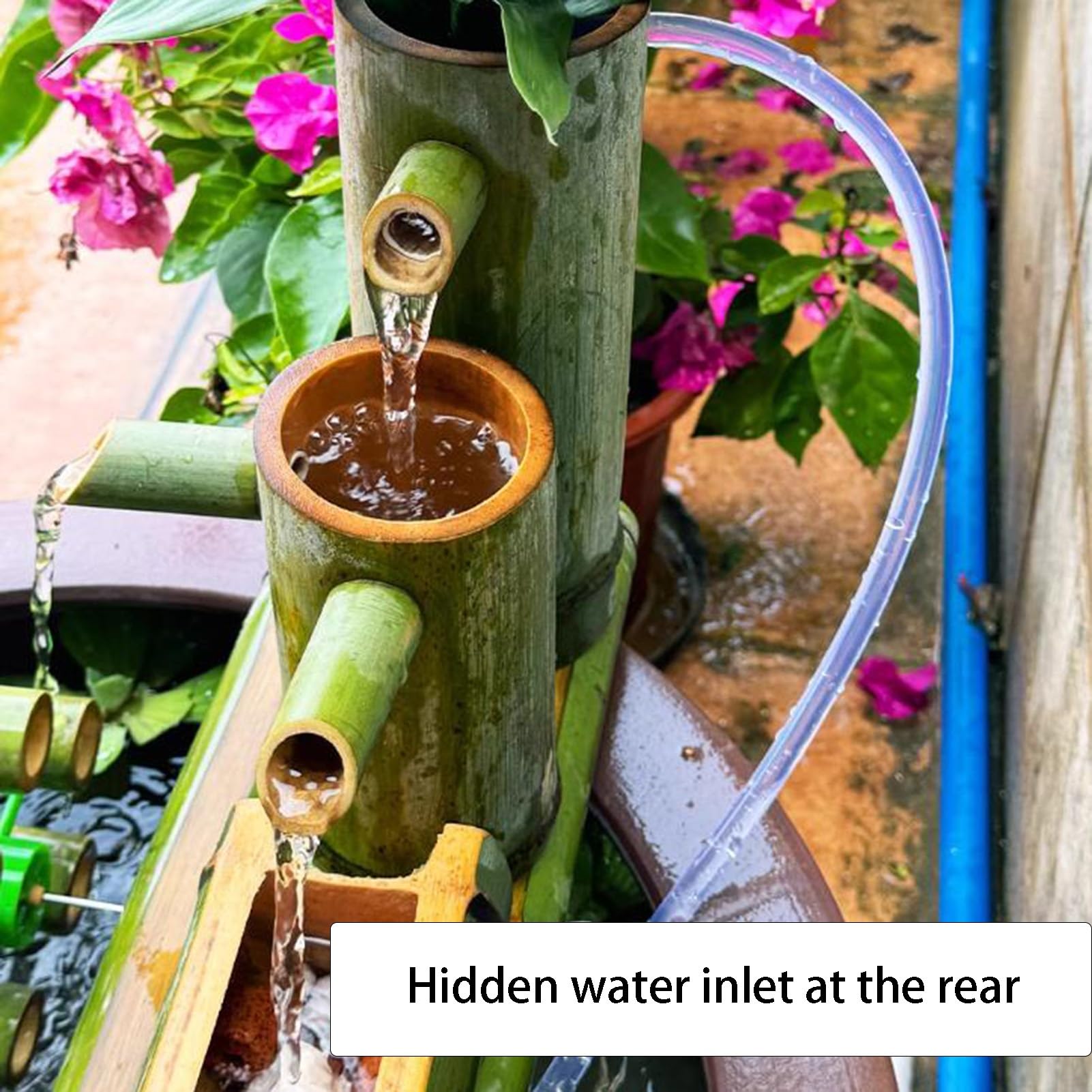 Fontana d'acqua in bambù con pompa, cascata da giardino, decorazione per interni ed esterni zen