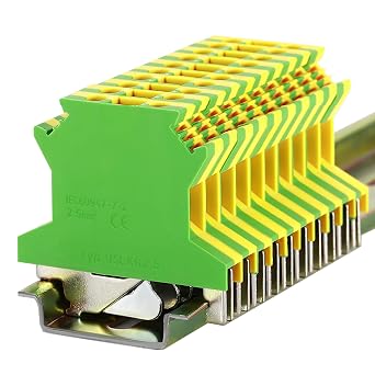 Erayco USLKG2.5 Ground Circuit Connection Terminal Block, Screw Clamp, 600V 20A 24-12AWG, DIN Rail Mounted, Pack of 50 Green & Yellow