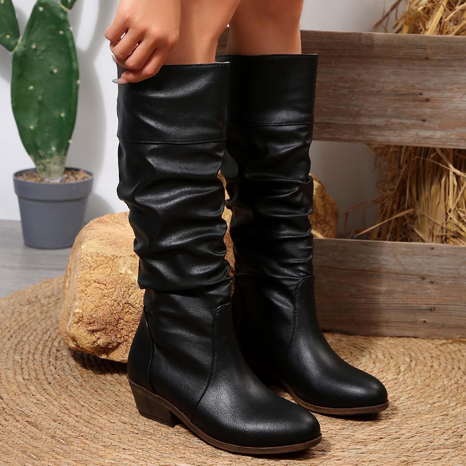 Botas por Encima de la Rodilla Botas de Media caña Moda, sin Cordones, con tacón Grueso, Ideales para el Invierno. Cómodas, cálidas, con Cordones, para un Look Casual y a la Intemperie.