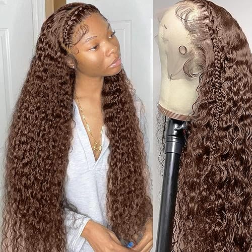 Mongolian Curly Lace Front Wigs Human Hair 200% Density 13x6 Auburn Brown HD Transparent Lace Front Wigs Human Hair for Women With Baby Hair Chocolate Deep Curly Lace Front Wigs Human Hair 32inch