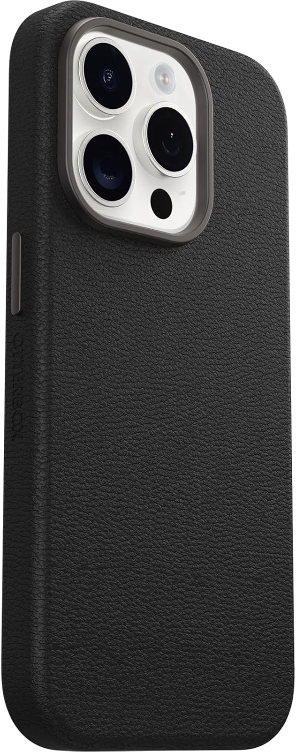 OtterBox iPhone 15 Pro Symmetry Series Cactus Leather for MagSafe - Noir ASH (Black), sustainably sourced, Snaps to MagSafe, Ultra-Sleek, Raised Edges Protect Camera & Screen