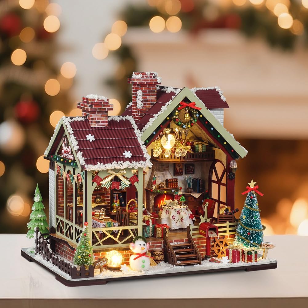 Kit fai da te per casa delle bambole in miniatura di Natale, kit mini casa delle bambole in legno per adulti, puzzle 3D in legno con LED, regalo di Natale e compleanno, decorazione per la casa per