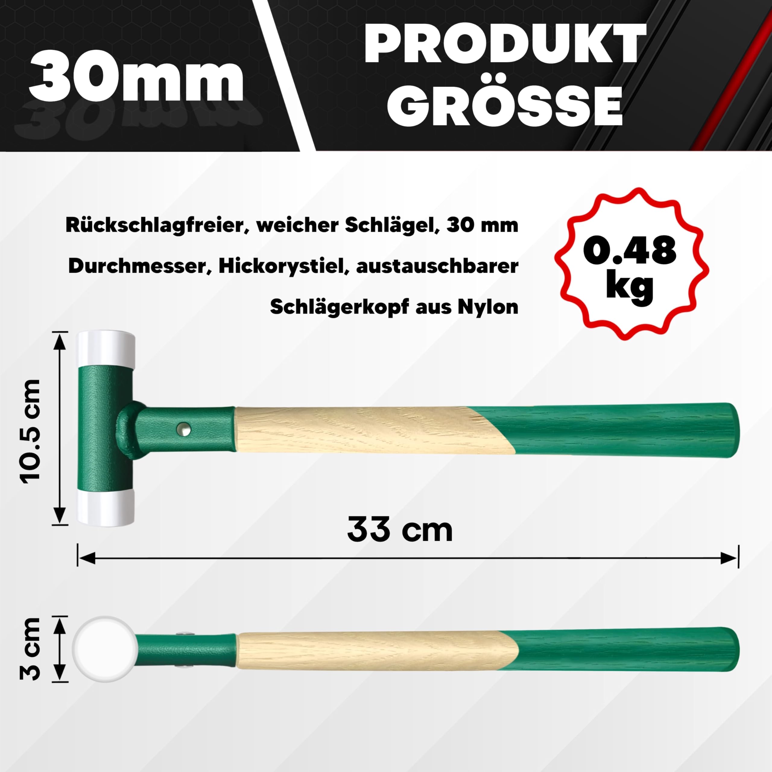 C&T Martello di protezione, martello di protezione senza contraccolpo, battente morbido, diametro 30 mm, manico in legno con testa in nylon intercambiabile per manutenzione e montaggio, 30 mm, manico