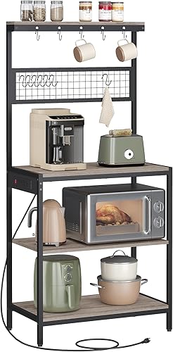 Miniatura 32 de VASAGLE Estante para panaderos, barra de café, estante de almacenamiento de cocina con 10 ganchos, 3 estantes, patas ajustables, para horno Greige +