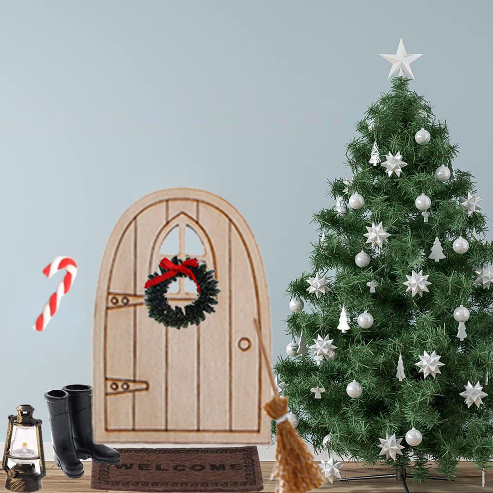 Wichteltür Weihnachten Set Aus Holz – Inkl. Tür, Leiter, Bäumchen, Figuren & Zubehör Zum Dekorieren