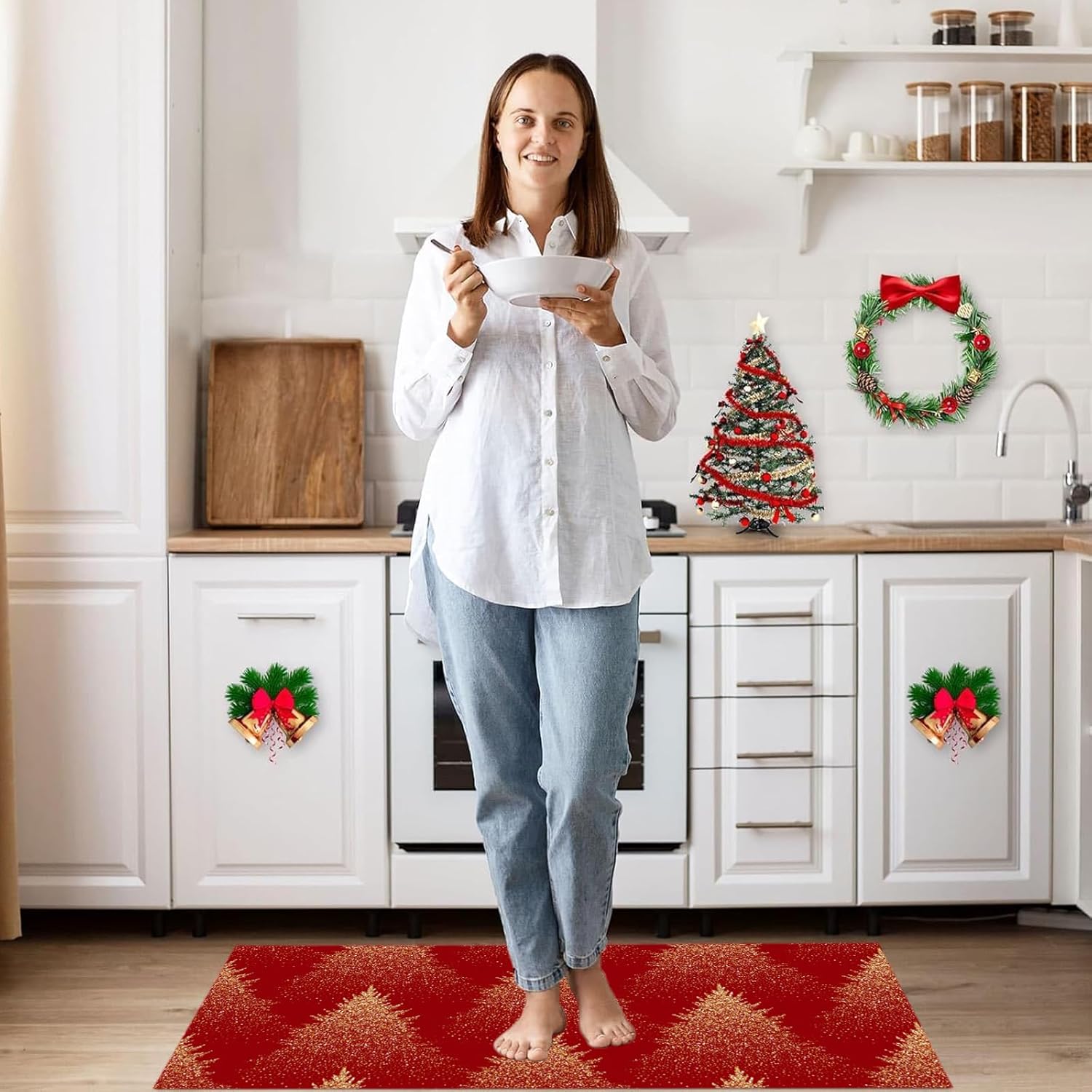 Kitchen Rugs and Mats Non Skid Washable, Merry Christmas Kitchen Runner Rug, Xmas Pine Tree Fireplace Kitchen Floor Mat Under Sink Mat Throw Rug for Kitchen Doormat
