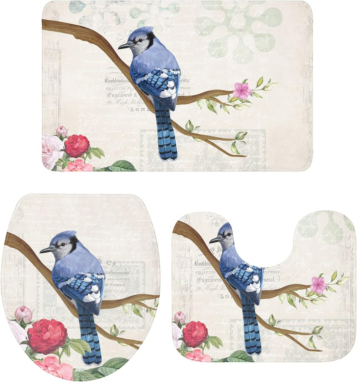 Bathroom Rugs Sets 3 Piece Bath Mat,Blue Jay Bird Branch Watercolor ...