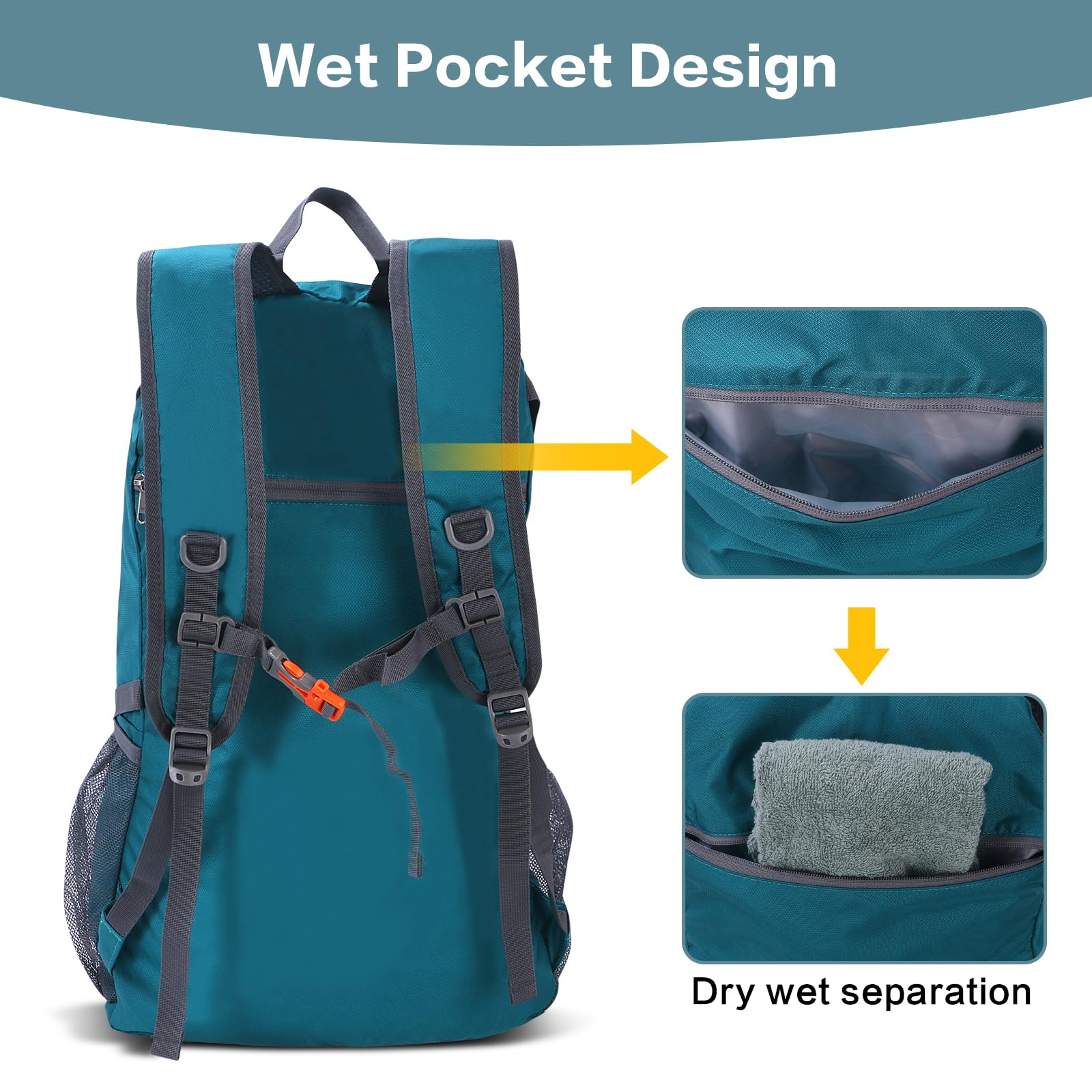 BiYiYun 40L Hiking Backpack, Lightweight Foldable Hiking Daypack with Wet Pocket, Waterproof Travel Camping Bag for Men Women (Green)