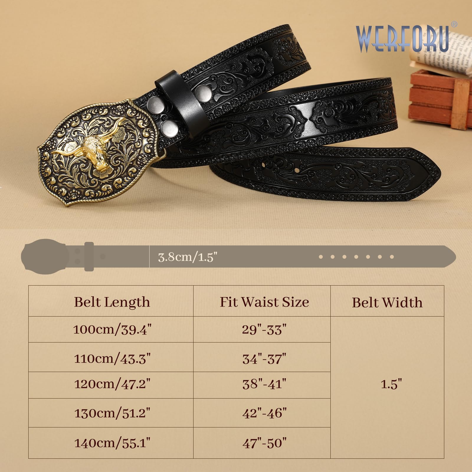 WERFORU Ceinture Cowboy en Cuir pour Hommes - Ceinture Western Homme Avec Boucle Taureau et Gravure Florale pour Jeans