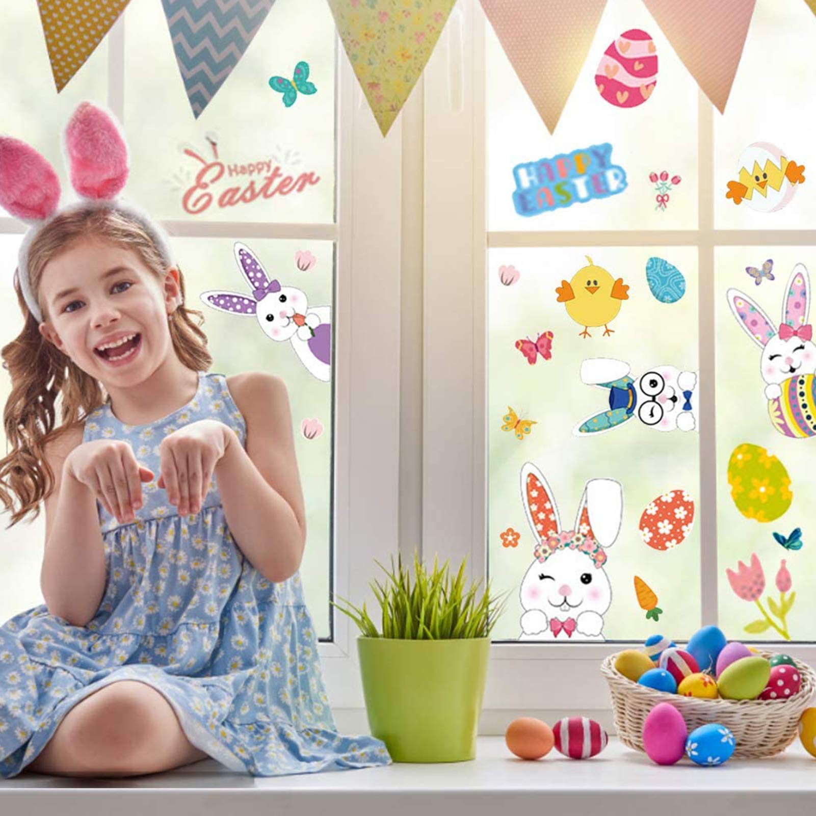87 Vetrofanie Di Pasqua Hianjoo, 9 Fogli Con Coniglietti, Uova, Carote, Fiori E Farfalle, Adesivi In PVC Per Finestre E Specchi, Decorazioni Pasquali - 5
