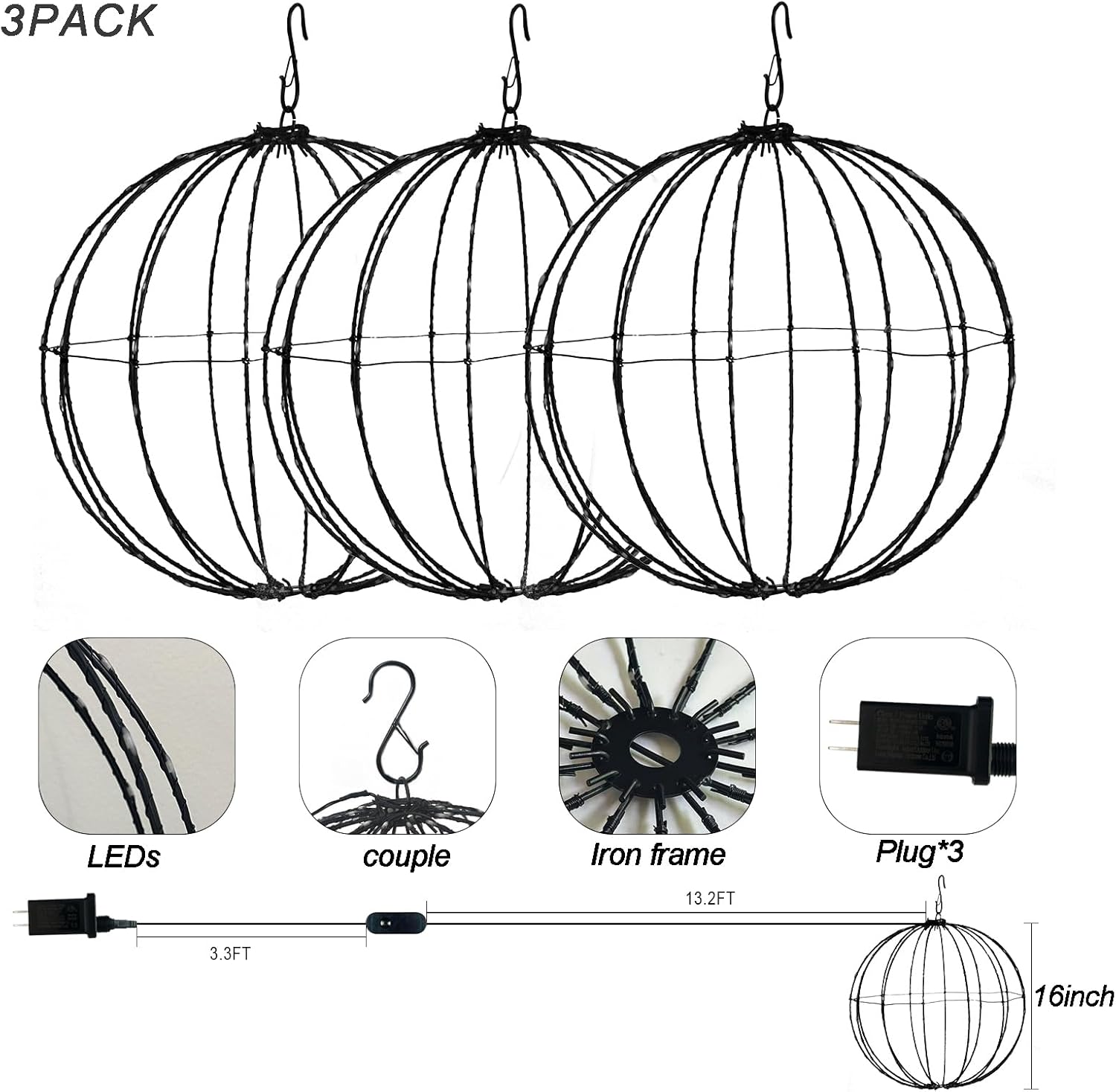 3 Pack 16” Outdoor/Indoor LED Christmas Light Balls, Smart Hanging Tree Decor Sphere Lights, Dimmer Color Changing, App & Remote Control, Timer, Waterproof, Holiday, Patio, Wedding Decor