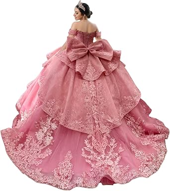 Mouccy Lace Quinceanera Dresses Ball Gown Puffy Beaded Sweet 16 Dresses with Ruffles Off Shoulder Pageant Dresses with Bow