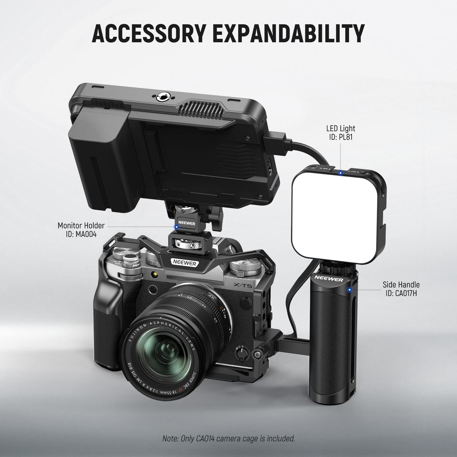 NEEWER Cage de Caméra Entière avec Fuji XT5 pour Plate-Forme Vidéo en Aluminium,Bouton d'Obturation,Cold Shoe,Rail OTAN,Base QR de Type Arca Compatible avec Accessoires SmallRig,Cardans DJI RS,CA014