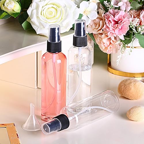 Miniatura 6 de Layhit 100 botellas pequeñas de aerosol de 4 onzas / 4.1 fl oz de plástico transparente con 5 embudos pequeños, mini botellas vacías de niebla fina
