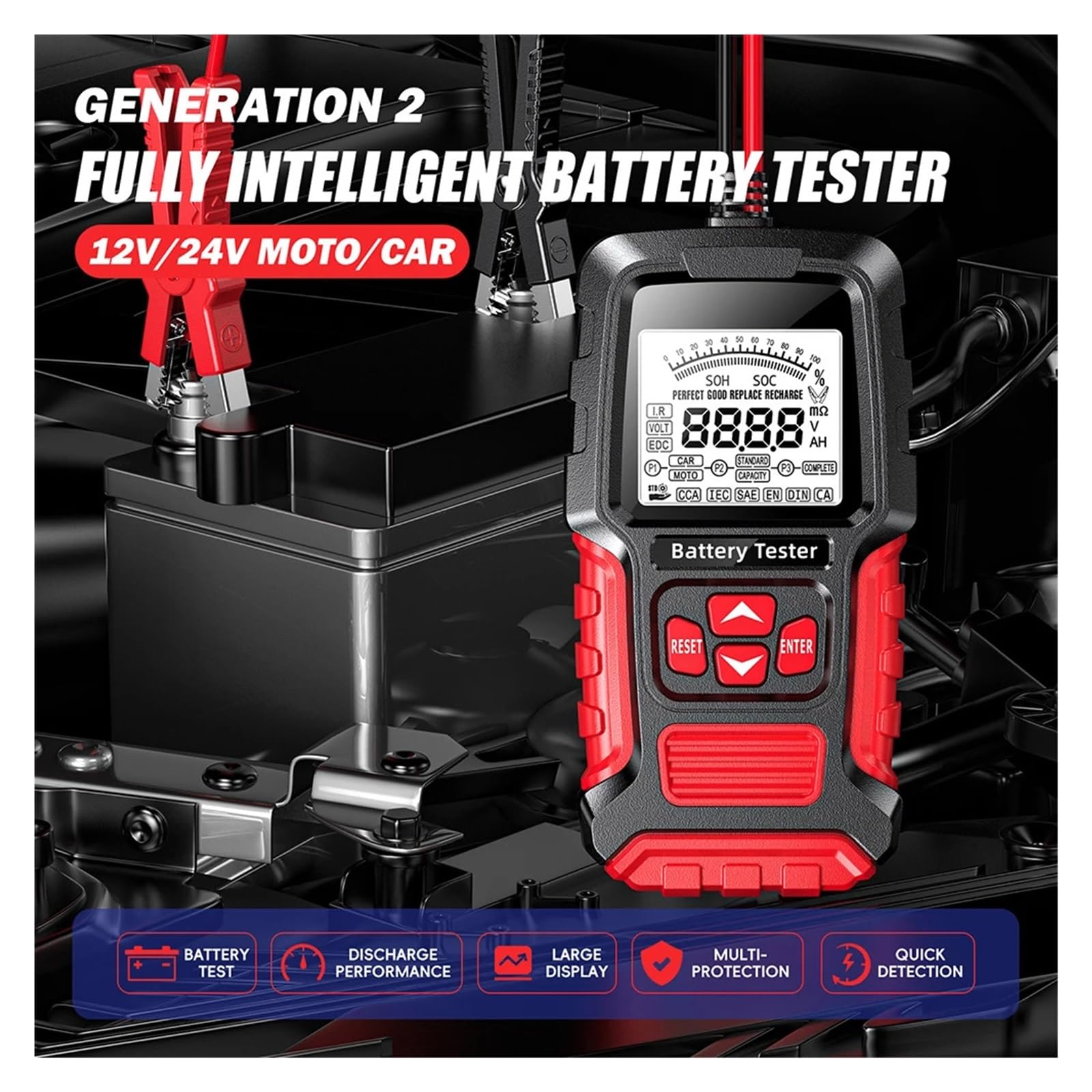 Probador De Batería De Coche 12V 24V Analizador De Batería LCD Herramienta De Prueba Escáner Analizador Digital De Diagnóstico Probador For Coche Camión Motocicleta FáCil De Usar(Red)