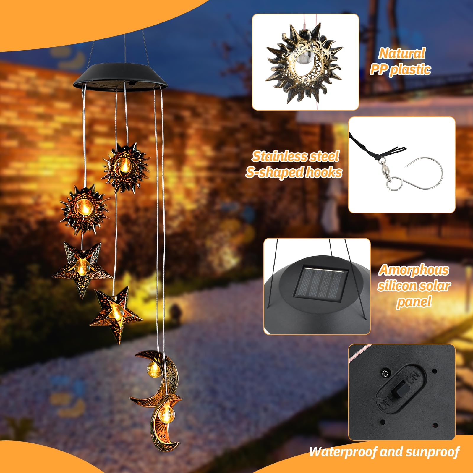 Campane a Vento Solari Esterno LED – Luci Solari Decorazioni da Giardino con Sole Luna Stelle – Impermeabili, Scacciapensieri da Appendere per Terrazzo Balcone Patio Giardino