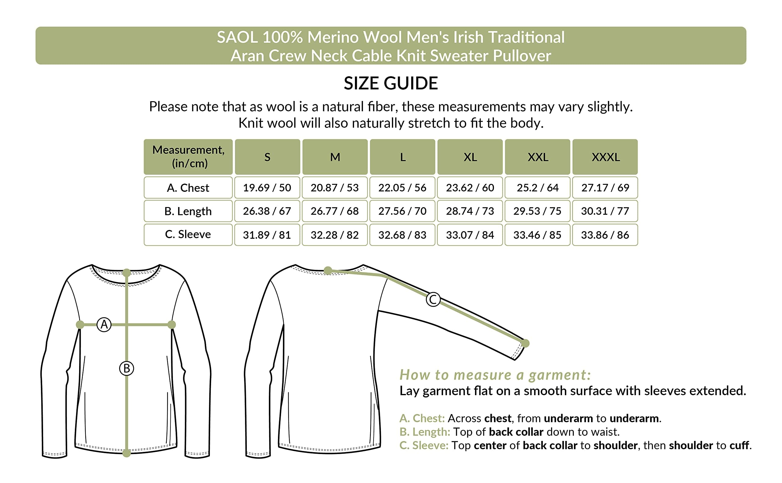 SAOL - maglione in 100% lana merinos irlandese, punto Aran tradizionale, pullover girocollo