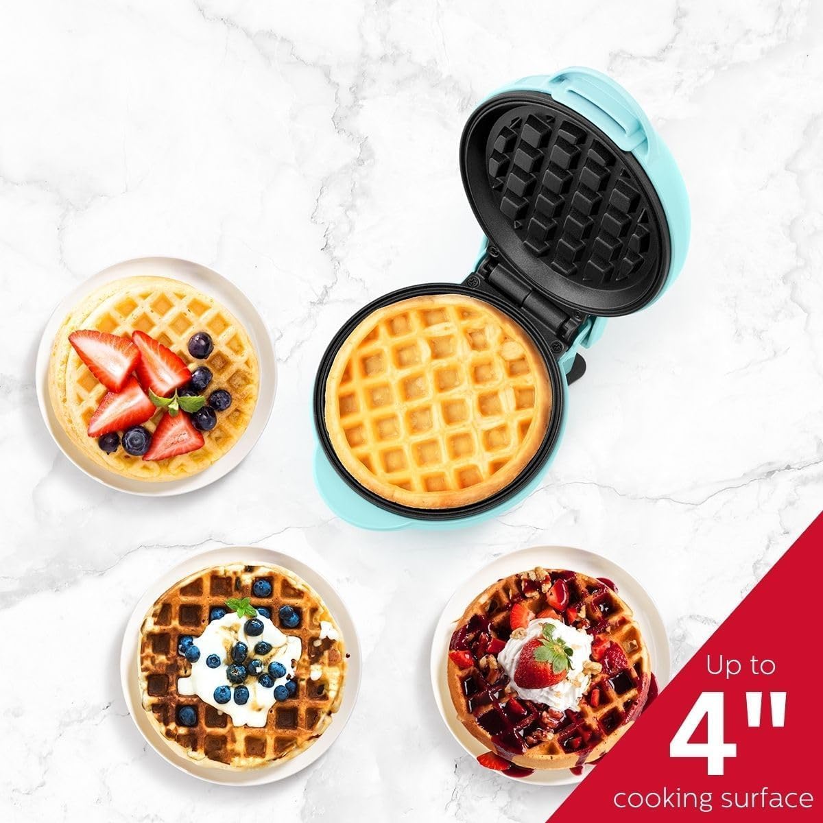 Mini Maker for Individual Waffles, Hash Browns, Keto Chaffles with Easy to Clean, Non-Stick Surfaces, 4 Inch, Waffles in Minutes (Aqua)