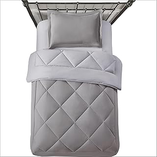 طقم لحاف سرير سادة مفرد 4 قطع من دونتيلا ستايل دايموند، مفرش سرير نفر من المايكروفايبر الناعم مكون من لحاف سرير بوجهين بحشوة من بديل الريش، شرشف مطاط، أغطية مخدة مقاس مفرد كحلي ورصاصي
