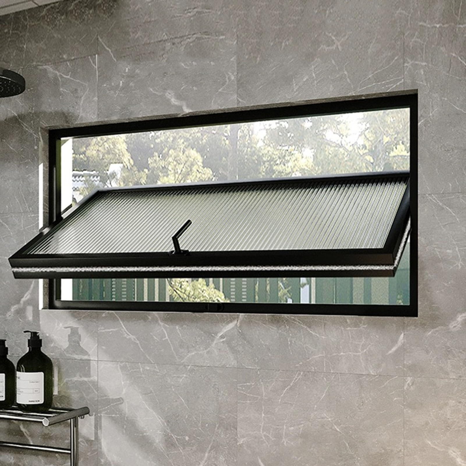 EXCLURA 360 Pivot Bathroom Window with Reeded Glass, Shed Transom Window with Handle, Rectangular Replacement Windows, Embedded Window for Garage/Office(Black,65x40cm/25.6x15.7in)