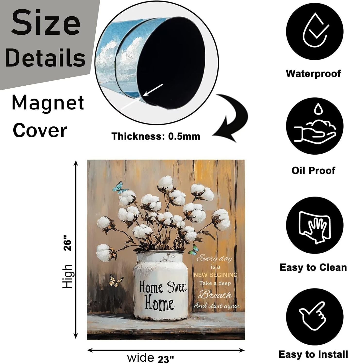 Generic Farmhouse Kapok Flower Dishwasher Magnet Cover,White Cotton Vase Floral Rustic Wood Inspiring Quotes Refrigerator Magnetic Panel Decals,Sweet Home Appliance Sticker Holiday Decor,23Wx26H