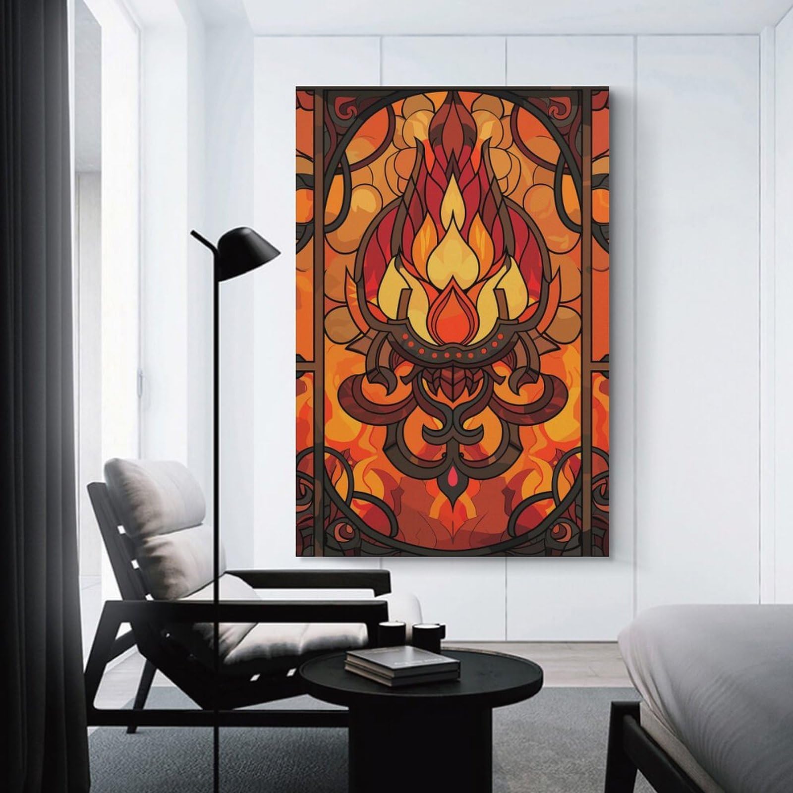 Junmoney Decorative Wall Artwork Stained Glass Fire Lotus Design, 16x24inch(40x60cm), for Calm Bedrooms, Home Corners Or Flats, An Easy Wall Refresh for Bedrooms