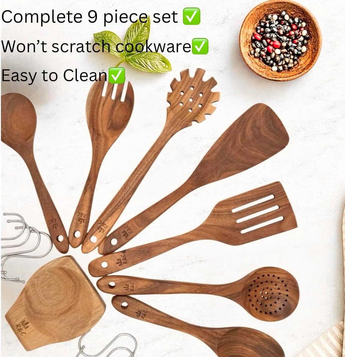 R&C Wooden Kitchen Utensil Set, 9-Piece Teak Cooking Tools with Holder & Hooks — Nonstick Safe, Heat Resistant, Durable Wood Spoons & Spatulas