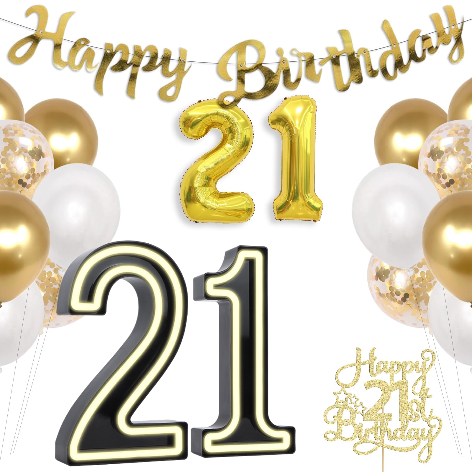 Light Up 21 Numbers, Marquee Number Lights Sign for Birthday, 21st Birthday Decorations with Gold & White Balloons, for Birthday, Night Light, Anniversary, Wedding Home Bedroom (21st)
