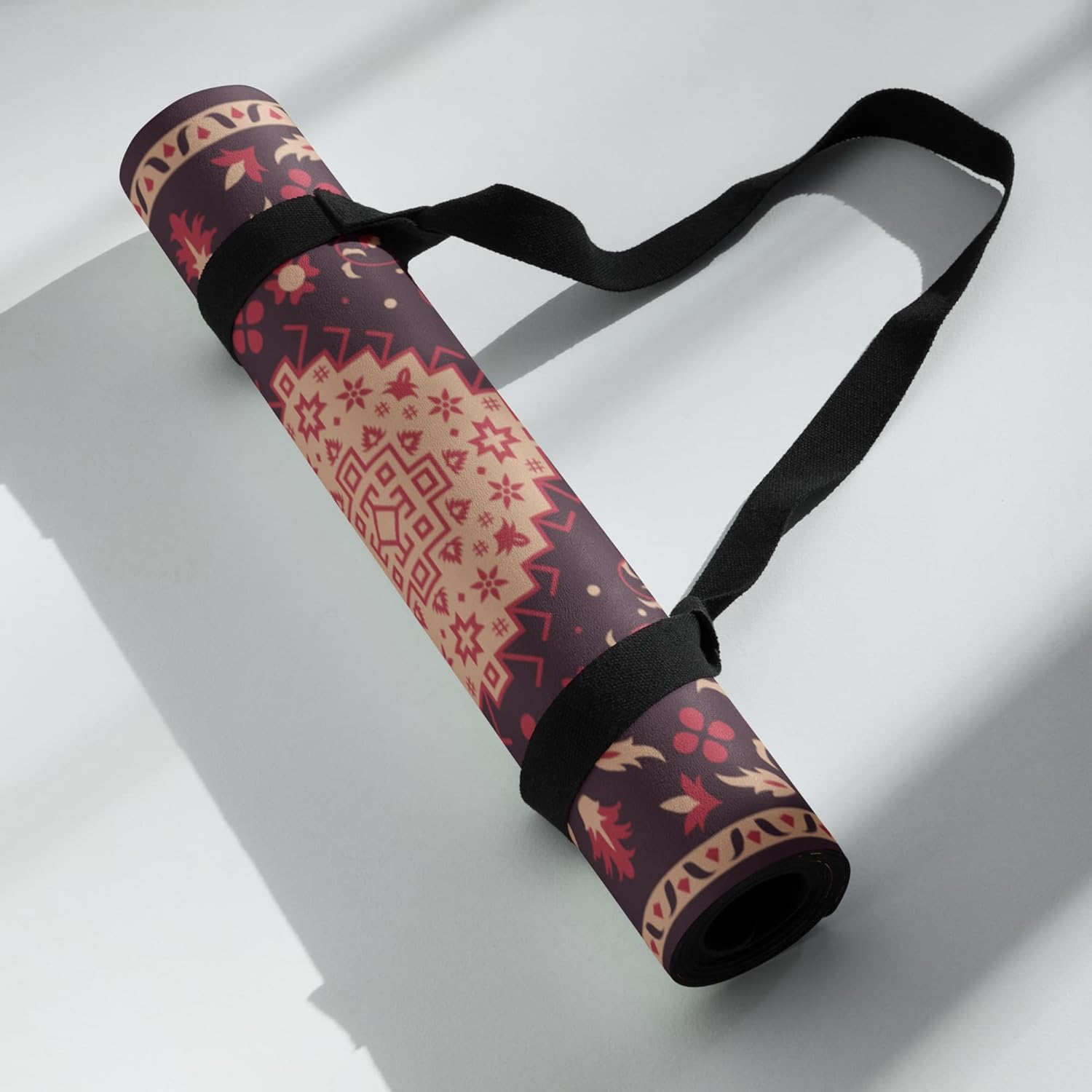 Premium Non-Slip Rubber Yoga Mat with a Microsuede Top for Home and Studio, Non-Slip, Durable, Persian Style Design with Carrying Strap Wine Color With Floral Elements Unique Design